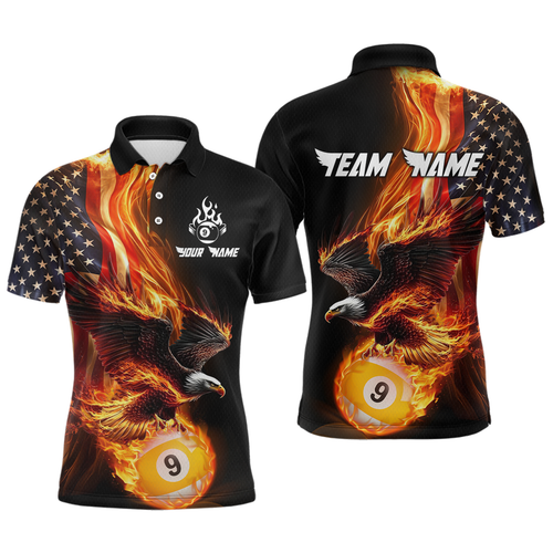 Custom 9 Ball American Flag Flaming Billiard Shirts for Men Billiard Team Shirt Billiard League NNT72