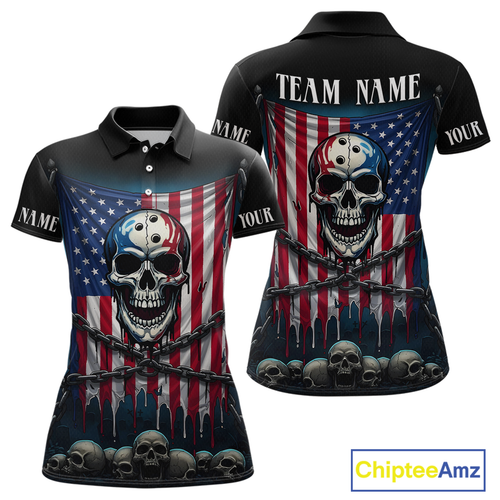 US Flag Skull Bowling Custom Women Bowling Shirt Polo & Quarter-Zip Bowling Team Shirts HNT74