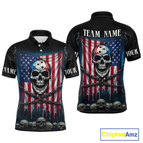 US Flag Skull Bowling Custom Men Bowling Shirt Polo & Quarter-Zip Bowling Team Shirts HNT74