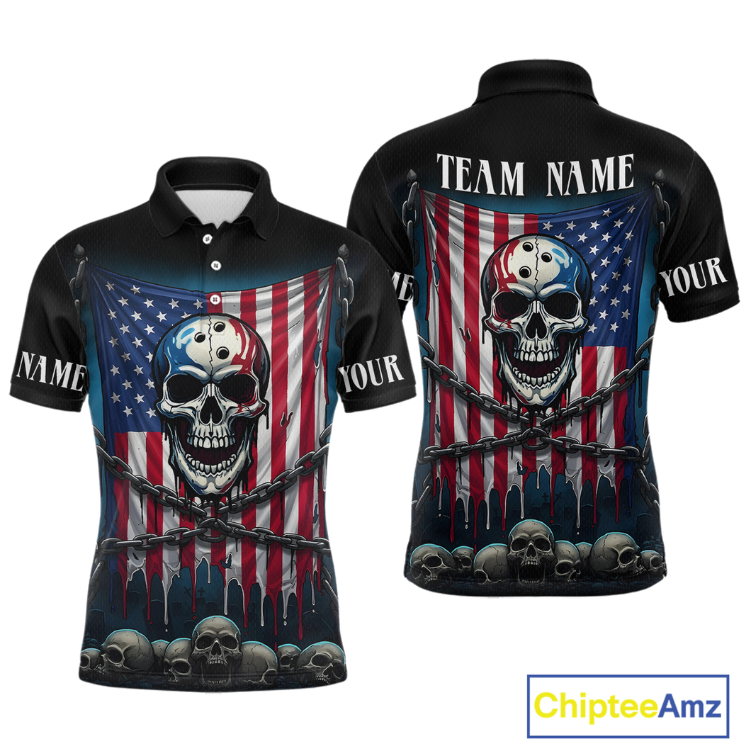 US Flag Skull Bowling Custom Men Bowling Shirt Polo & Quarter-Zip Bowling Team Shirts HNT74