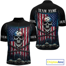 Load image into Gallery viewer, US Flag Skull Bowling Custom Men Bowling Shirt Polo &amp; Quarter-Zip Bowling Team Shirts HNT74