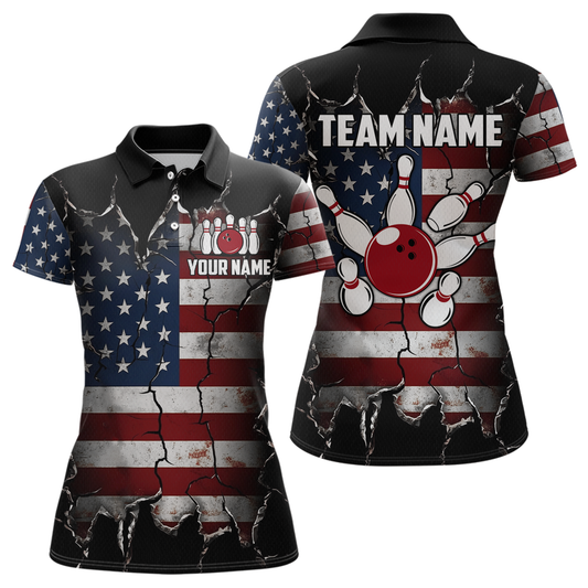 Custom US Flag Bowling Jersey for Women Bowling Team Shirts Bowling Uniform Polo & 1/4 Zip HNT161