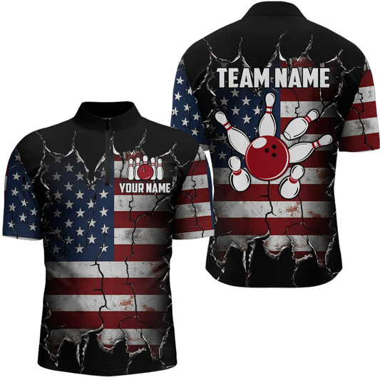 Custom US Flag Bowling Jersey for Men Bowling Team Shirts Bowling Uniform Polo & 1/4 Zip HNT161