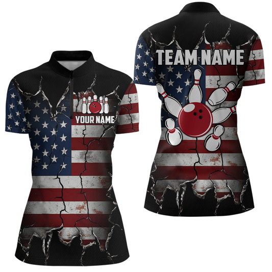 Custom US Flag Bowling Jersey for Women Bowling Team Shirts Bowling Uniform Polo & 1/4 Zip HNT161