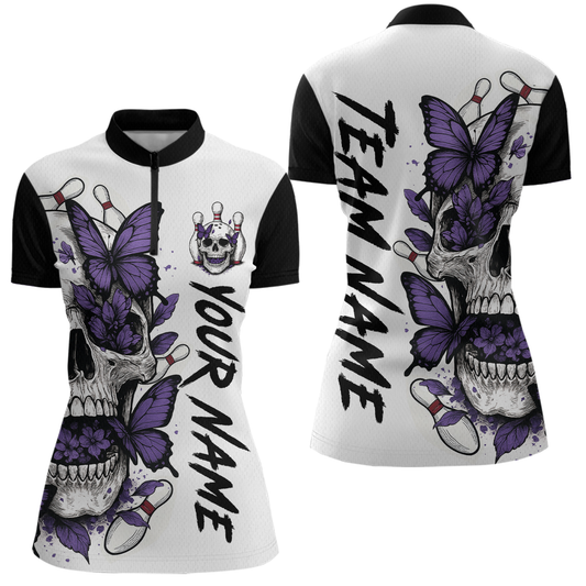 Purple Butterfly Skull Bowling Women Bowling Shirt Polo & Quarter-Zip Bowling Team Jerseys HNT80