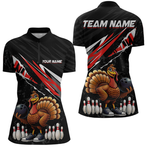 Custom Red Funny Turkey Bowling Jersey for Women Thanksgiving Bowling Shirts Polo & 1/4 Zip HNT117