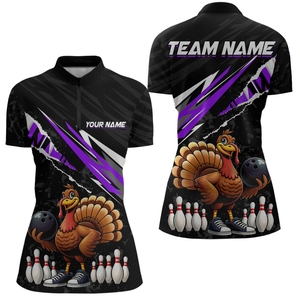 Custom Purple Funny Turkey Bowling Jersey for Women Thanksgiving Bowling Shirts Polo & 1/4 Zip HNT117