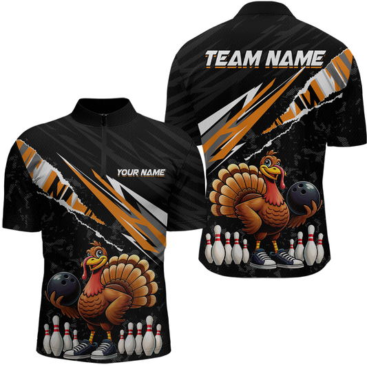 Custom Orange Funny Turkey Bowling Jersey for Men Thanksgiving Bowling Shirts Polo & 1/4 Zip HNT117