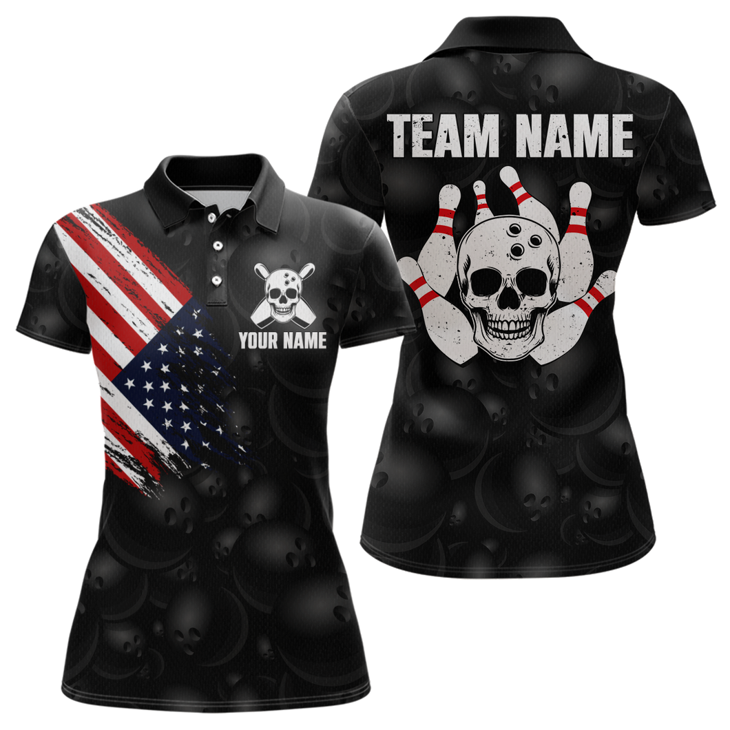 Skull US Flag Bowling Shirt for Women Personalized Patriotic Bowling Team Jersey Shirts Polo & Quarter-Zip HNT31