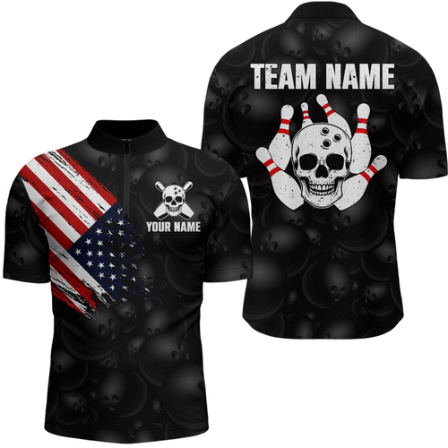 Skull US Flag Bowling Shirt for Men Personalized Patriotic Bowling Team Jersey Shirts Polo & Quarter-Zip HNT31