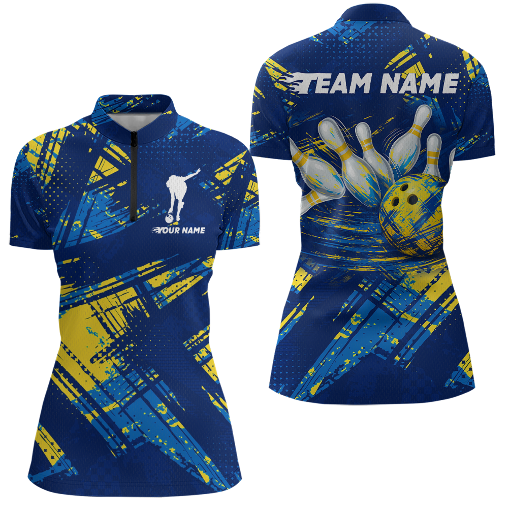 Custom Blue Yellow Bowling Jersey for Women Bowling Uniform Polo & 1/4 Zip Bowling Team Shirts HNT122