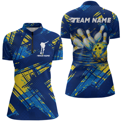 Custom Blue Yellow Bowling Jersey for Women Bowling Uniform Polo & 1/4 Zip Bowling Team Shirts HNT122