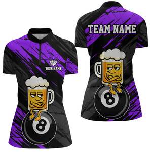 Custom Purple Funny Beer 8 Ball Billiard Shirts for Men Billiard Team Shirts Polo & 1/4 Zip NNT78