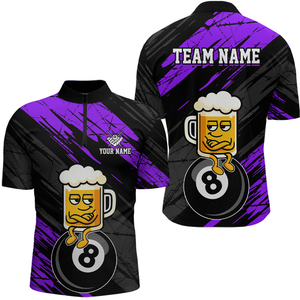 Custom Purple Funny Beer 8 Ball Billiard Shirts for Men Billiard Team Shirts Polo & 1/4 Zip NNT78