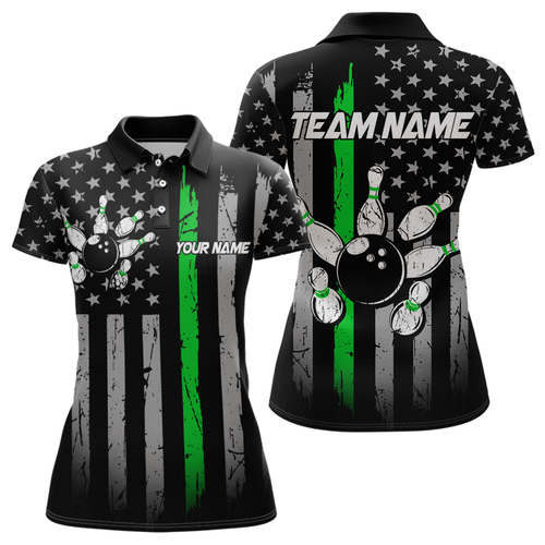 US Green Flag Bowling Shirt for Women Custom Name Polo & Quarter-Zip Bowling Jersey Bowling Team Shirt HNT23