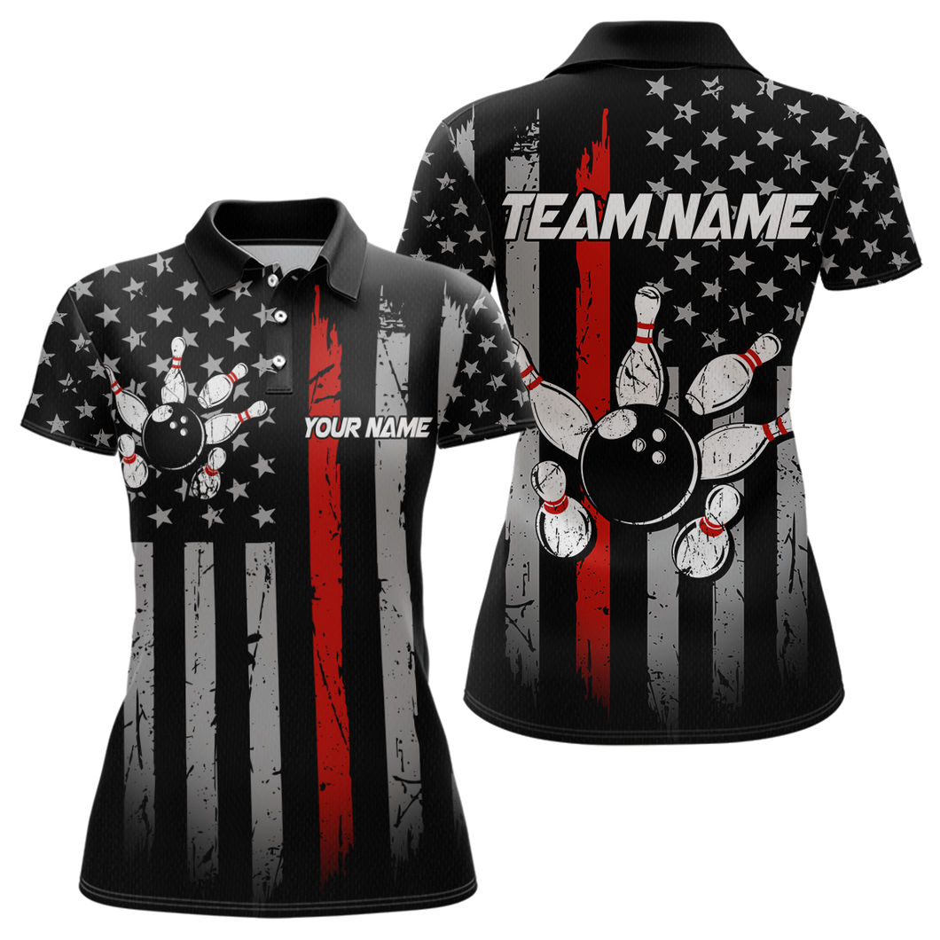 US Red Flag Bowling Shirt for Women Custom Name Polo & Quarter-Zip Bowling Jersey Bowling Team Shirt HNT23