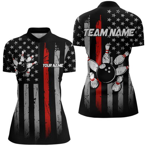 US Red Flag Bowling Shirt for Women Custom Name Polo & Quarter-Zip Bowling Jersey Bowling Team Shirt HNT23