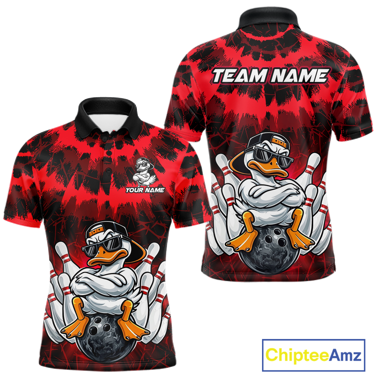 Custom Red Funny Duck Bowling Jersey for Men Bowling Uniform Polo & 1/4 Zip Bowling Team Shirts HNT238
