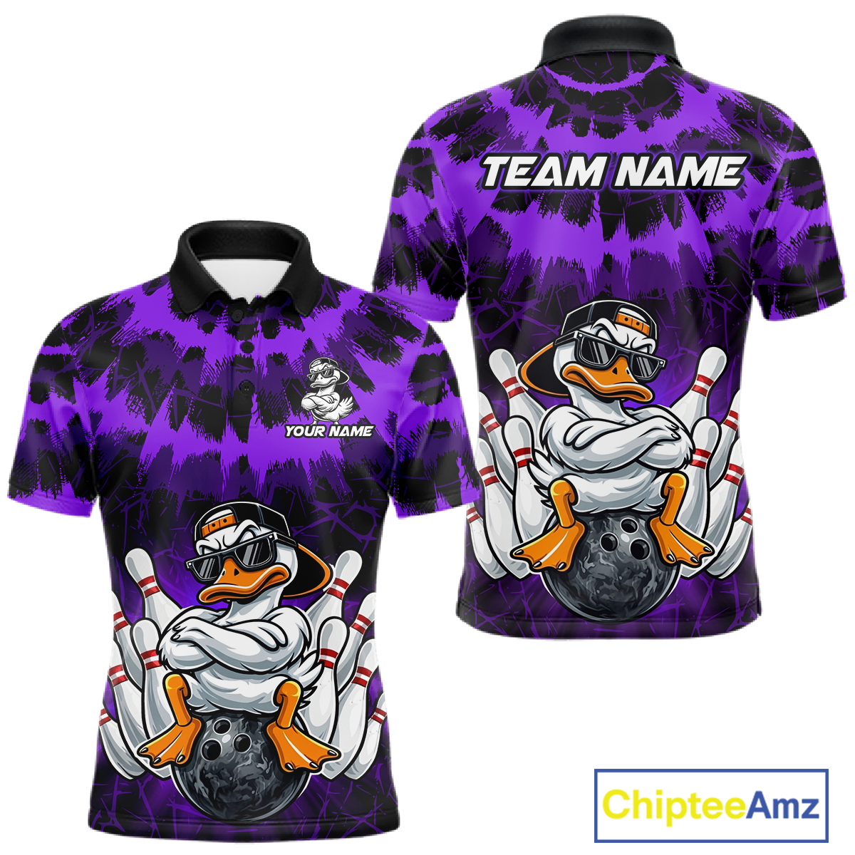 Custom Purple Funny Duck Bowling Jersey for Men Bowling Uniform Polo & 1/4 Zip Bowling Team Shirts HNT238