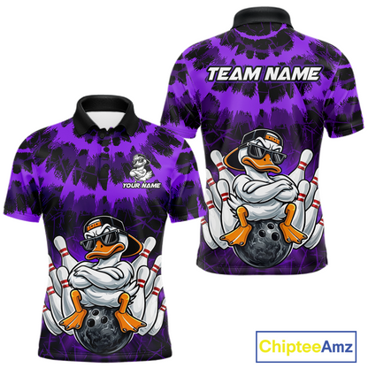 Custom Purple Funny Duck Bowling Jersey for Men Bowling Uniform Polo & 1/4 Zip Bowling Team Shirts HNT238