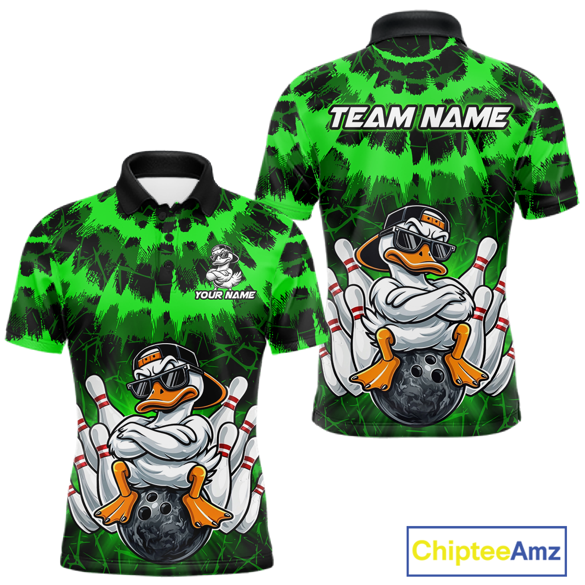 Custom Green Funny Duck Bowling Jersey for Men Bowling Uniform Polo & 1/4 Zip Bowling Team Shirts HNT238