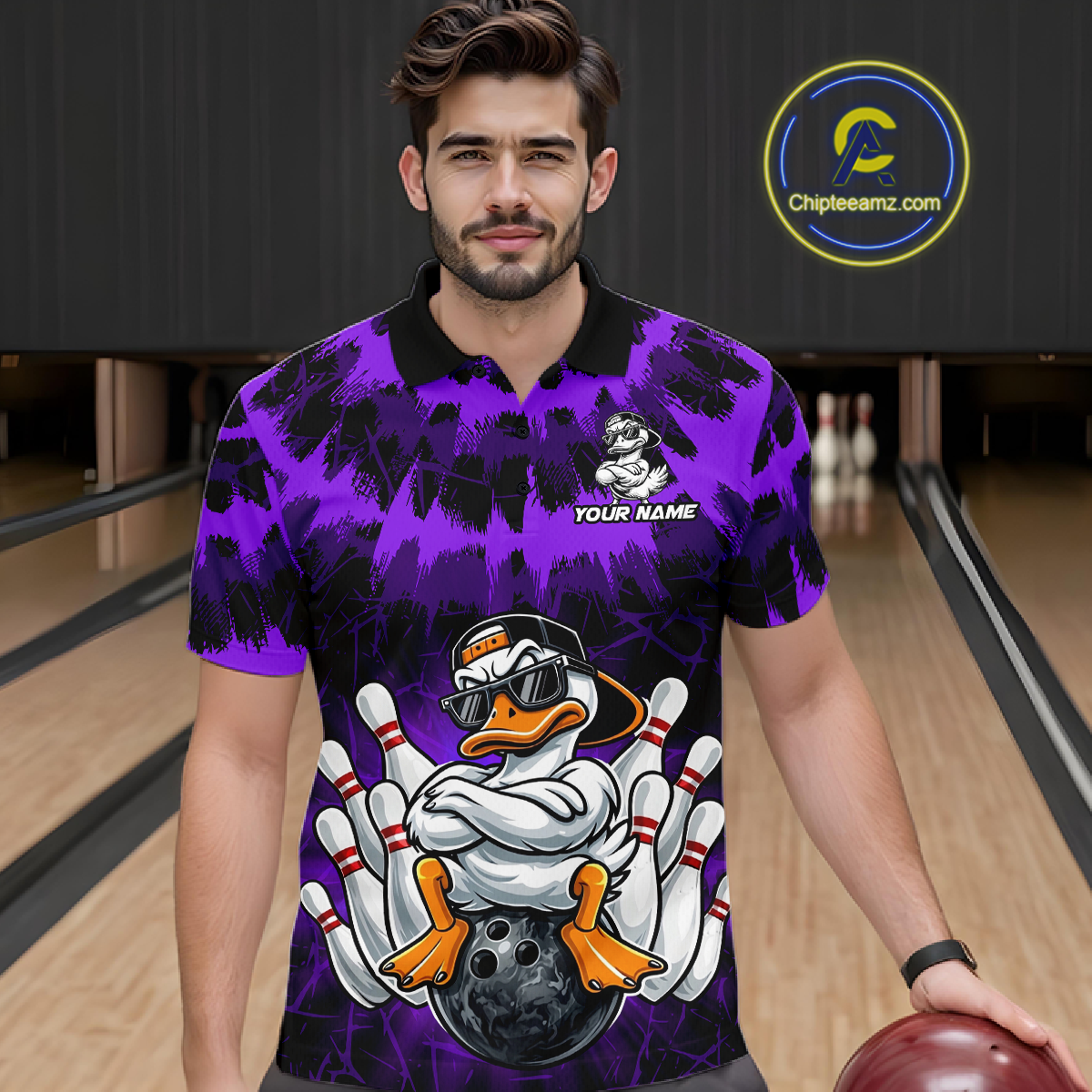 Custom Purple Funny Duck Bowling Jersey for Men Bowling Uniform Polo & 1/4 Zip Bowling Team Shirts HNT238