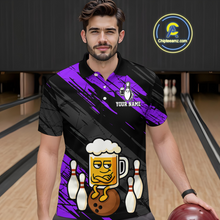Load image into Gallery viewer, Custom Purple Funny Beer Bowling Jersey for Men Bowling Uniform Polo &amp; 1/4 Zip Bowling Team Shirts HNT107
