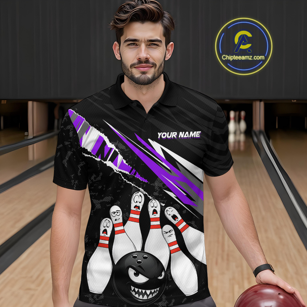Custom Purple Funny Bowling Jersey for Men Bowling Uniform Polo & 1/4 Zip Bowling Team Shirts HNT128