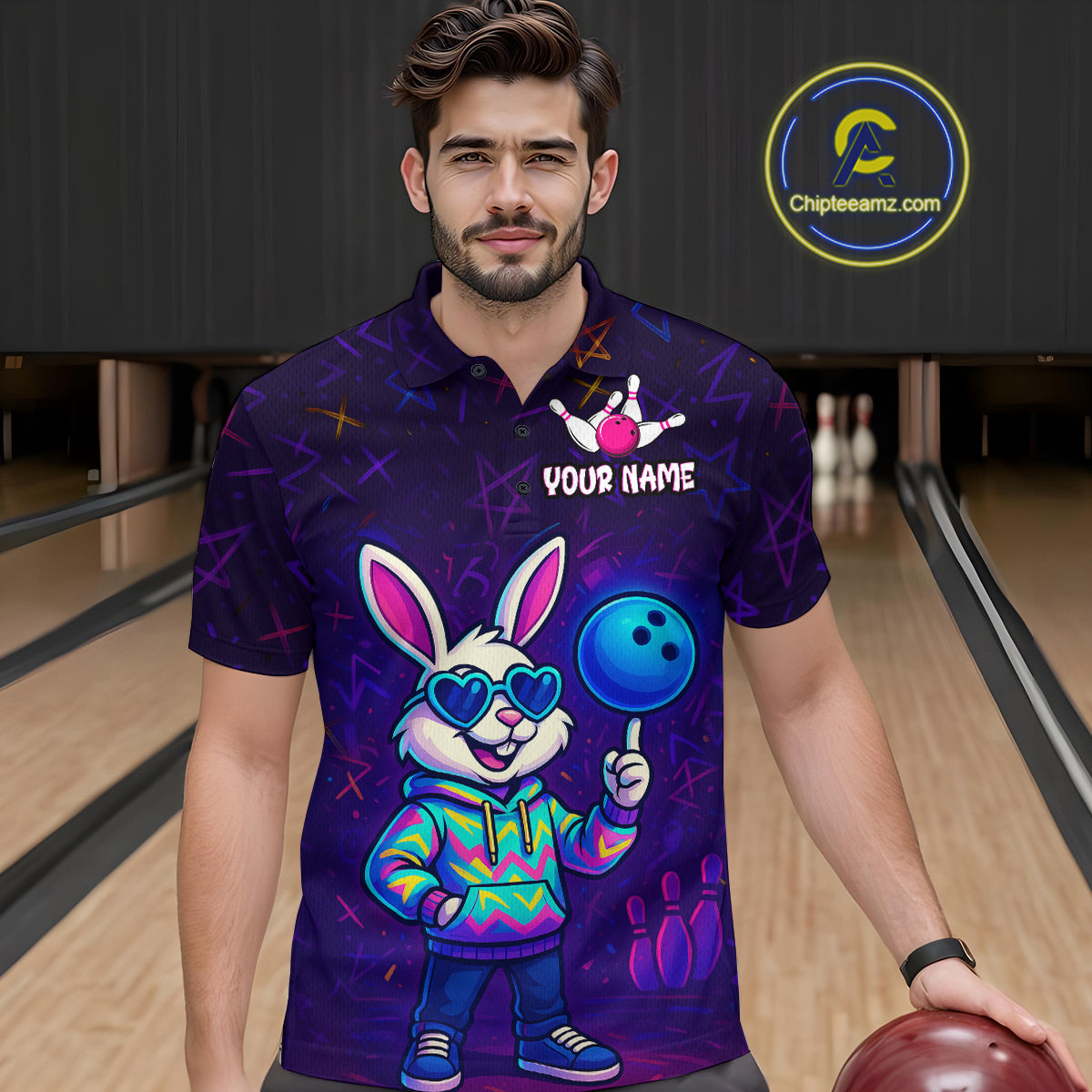 Custom Neon Funny Bunny Bowling Team Shirt Polo & 1/4 Zip Bowling Jersey for Men QZT789