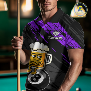 Custom Purple Funny Beer 8 Ball Billiard Shirts for Men Billiard Team Shirts Polo & 1/4 Zip NNT78