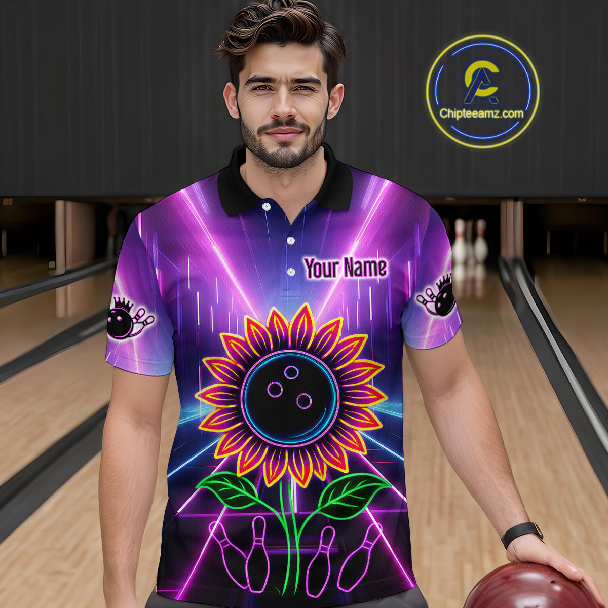 Custom Neon Lightning Sunflower Bowling Shirt Bowling Team Jersey for Men Bowling Polo & 1/4-Zip QZT770