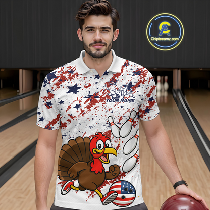 American Funny Turkey Bowling Team Shirt for Men Custom Bowling Jersey Polo Thanksgiving Bowling Outfit QZT775