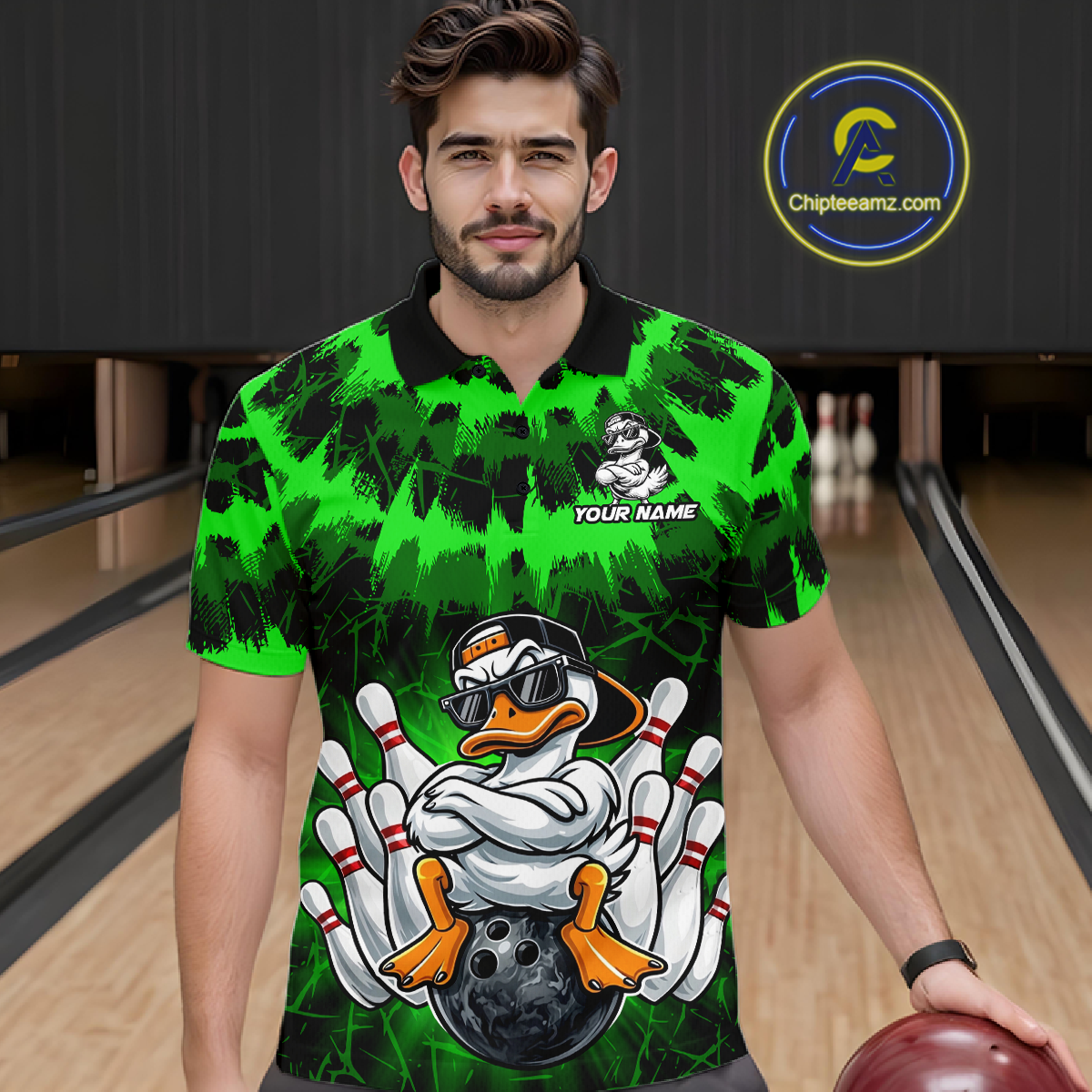 Custom Green Funny Duck Bowling Jersey for Men Bowling Uniform Polo & 1/4 Zip Bowling Team Shirts HNT238