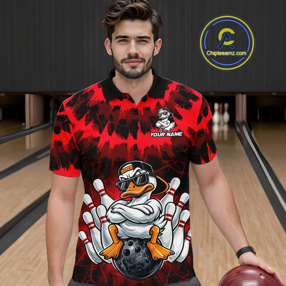 Custom Red Funny Duck Bowling Jersey for Men Bowling Uniform Polo & 1/4 Zip Bowling Team Shirts HNT238