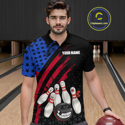 Custom Funny US Flag Bowling Jersey for Men Bowling Uniform Polo & 1/4 Zip Bowling Team Shirts HNT126