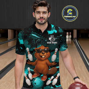 Custom Teal Funny Beaver Bowling Team Shirt Men Bowling League Jersey Polo Bowling Outfit QZT764