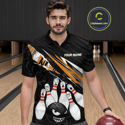 Custom Orange Funny Bowling Jersey for Men Bowling Uniform Polo & 1/4 Zip Bowling Team Shirts HNT128