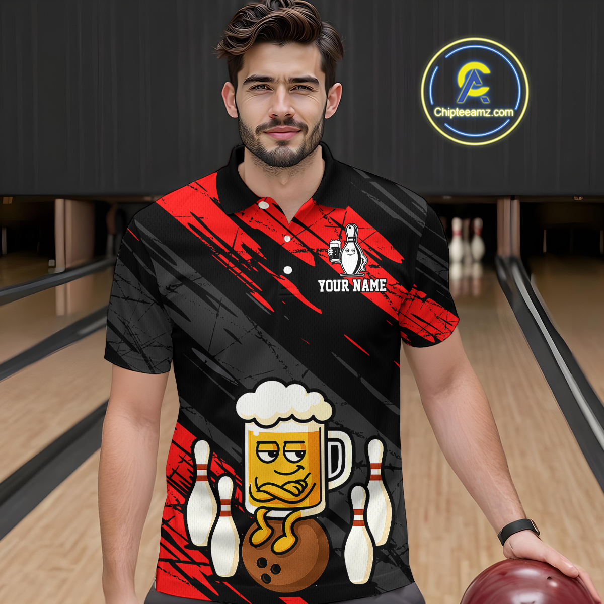 Custom Red Funny Beer Bowling Jersey for Men Bowling Uniform Polo & 1/4 Zip Bowling Team Shirts HNT107