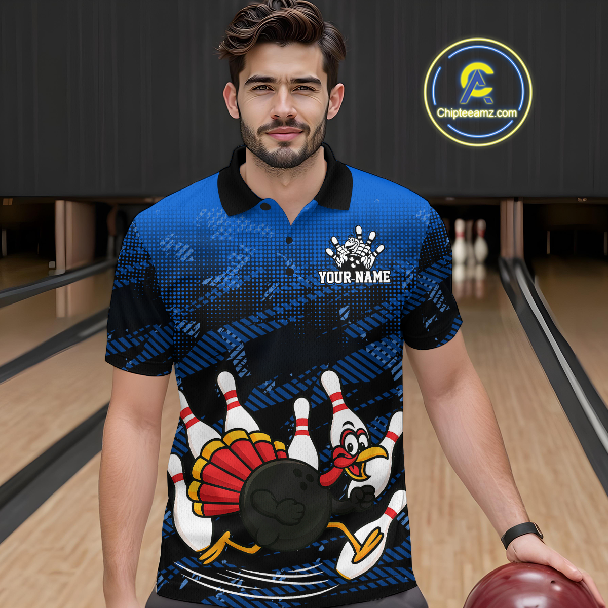 Custom Blue Funny Turkey Bowling Jersey for Men Thanksgiving Bowling Team Shirts Polo & 1/4 Zip HNT125