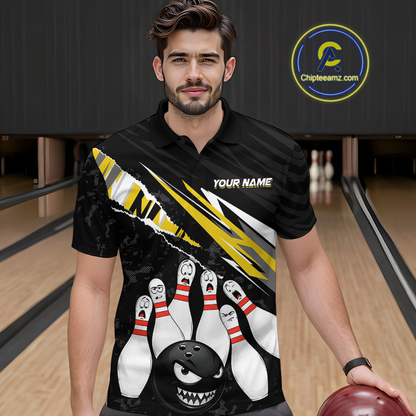 Custom Yellow Funny Bowling Jersey for Men Bowling Uniform Polo & 1/4 Zip Bowling Team Shirts HNT128