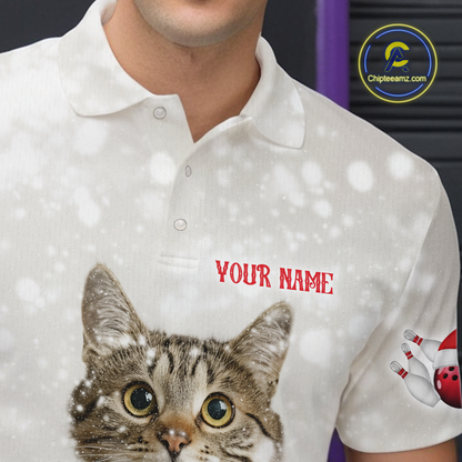 Custom Funny Cat Christmas Bowling Jersey for Men Polo & 1/4 Zip Bowling Team Shirts HNT145