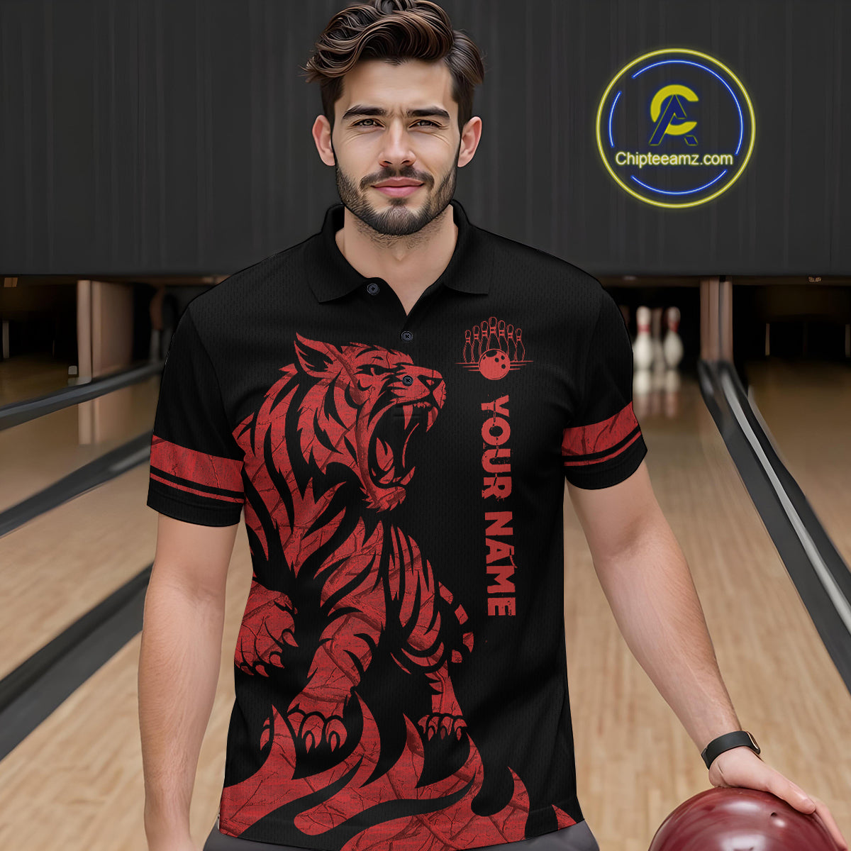 Red Tiger Bowling Shirts for Team Men Women Custom Bowling Jersey Polo & Quarter Zip Shirt MBL188