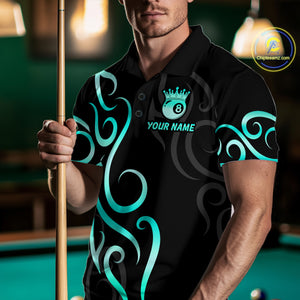 Black And Blue Cyan 8 Ball Crown Billiard Shirt For Men Custom Pool Team Jersey Polo & 1/4 Zip TDM4726