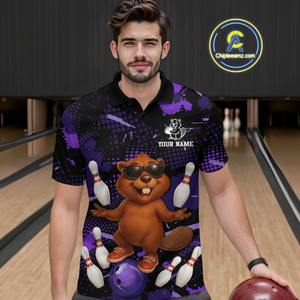Custom Purple Funny Beaver Bowling Team Shirt Men Bowling League Jersey Polo Bowling Outfit QZT764