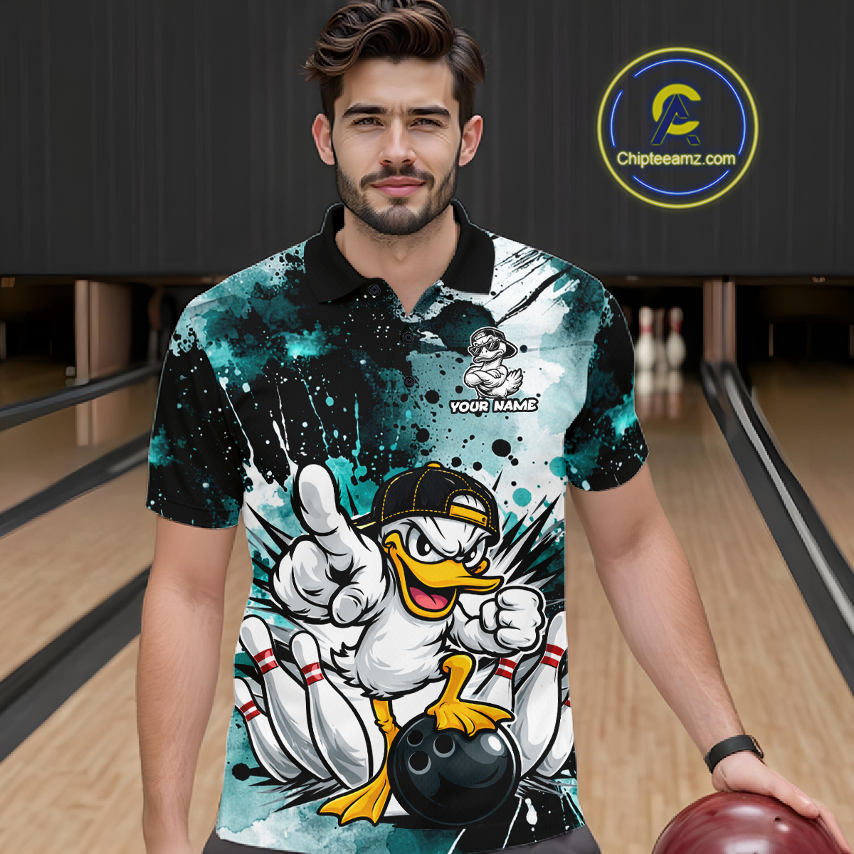 Custom Watercolor Teal Duck Bowling Jersey for Men Bowling Team Shirts Polo & 1/4 Zip HNT239