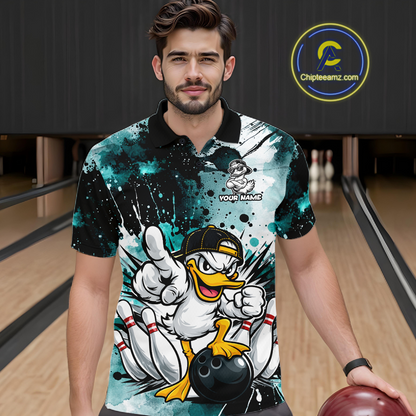 Custom Watercolor Teal Duck Bowling Jersey for Men Bowling Team Shirts Polo & 1/4 Zip HNT239