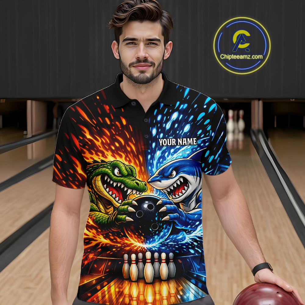 Custom Flame Shark and Alligator Bowling Jersey for Men Bowling Uniform Bowling Team Shirts HNT248