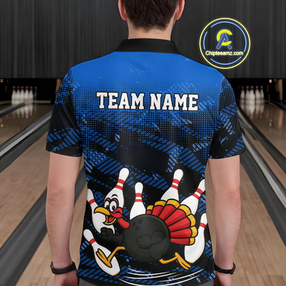 Custom Blue Funny Turkey Bowling Jersey for Men Thanksgiving Bowling Team Shirts Polo & 1/4 Zip HNT125