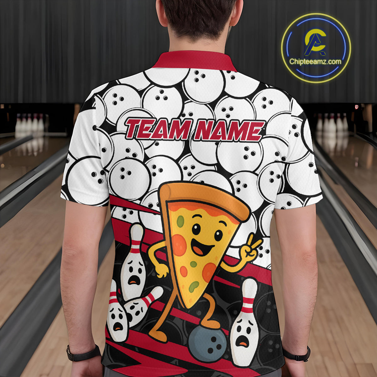 Custom Red Funny Pizza Bowling Shirt Bowling with Food for Men Polo Bowling Jersey QZT799