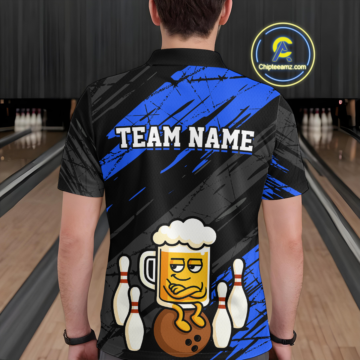 Custom Blue Funny Beer Bowling Jersey for Men Bowling Uniform Polo & 1/4 Zip Bowling Team Shirts HNT107